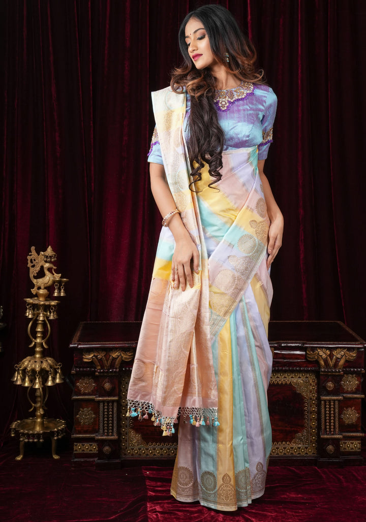 Pastel Hued Jharoka Pattren Pure Katan Silk saree with Ornate arched Zari 2 side borders | SILK MARK CERTIFIED
