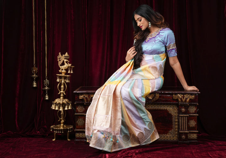 Pastel Hued Jharoka Pattren Pure Katan Silk saree with Ornate arched Zari 2 side borders | SILK MARK CERTIFIED