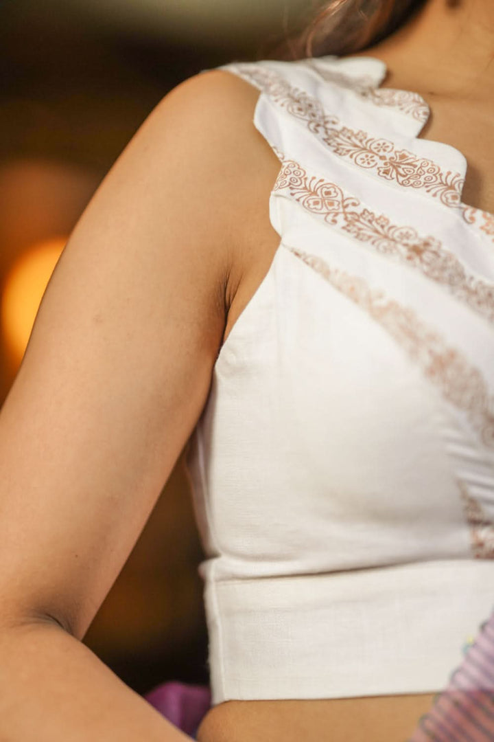 Ivory Scalloped V Neck cotton sleeveless blouse, Made to Order