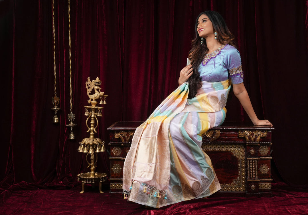 Pastel Hued Jharoka Pattren Pure Katan Silk saree with Ornate arched Zari 2 side borders | SILK MARK CERTIFIED