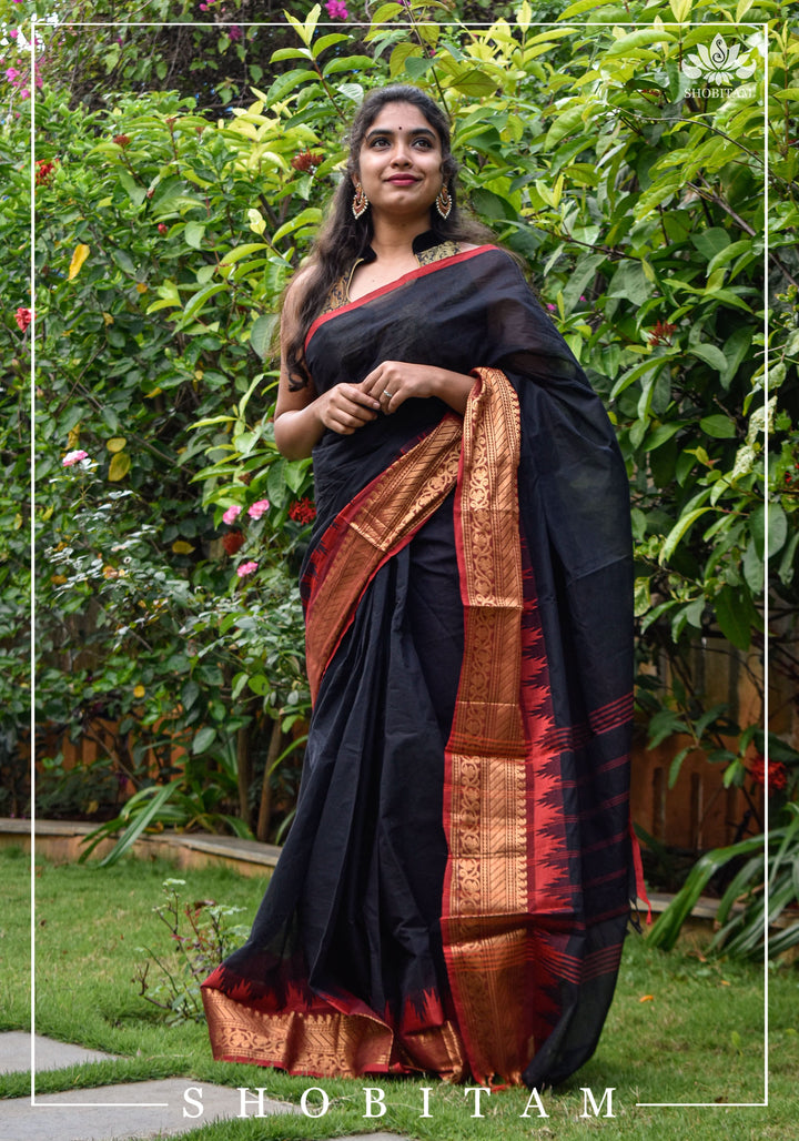 Black Chettinadu Cotton Saree with Temple Zari Borders