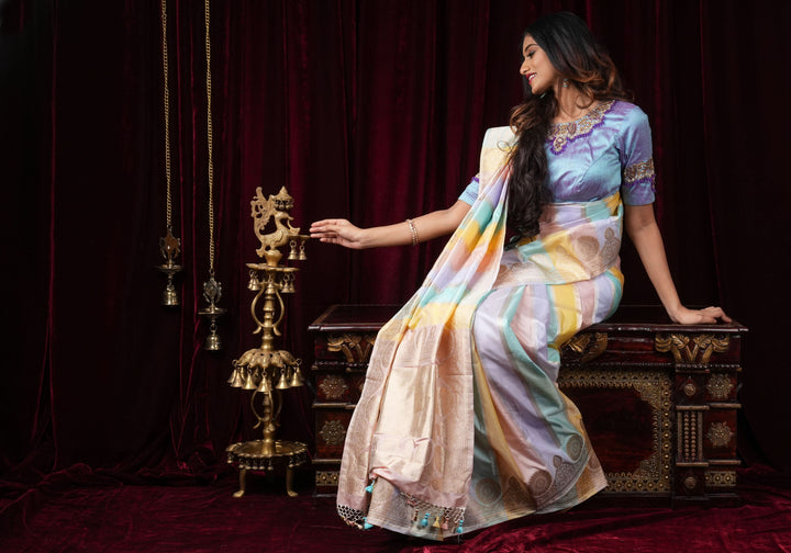 Pastel Hued Jharoka Pattren Pure Katan Silk saree with Ornate arched Zari 2 side borders | SILK MARK CERTIFIED