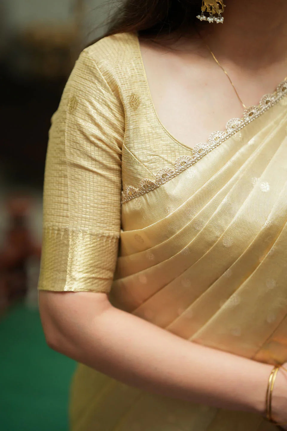 Sarasvati Gold Banarasi Half Saree Set, Skirt Blouse and Dhavani | Made To Order