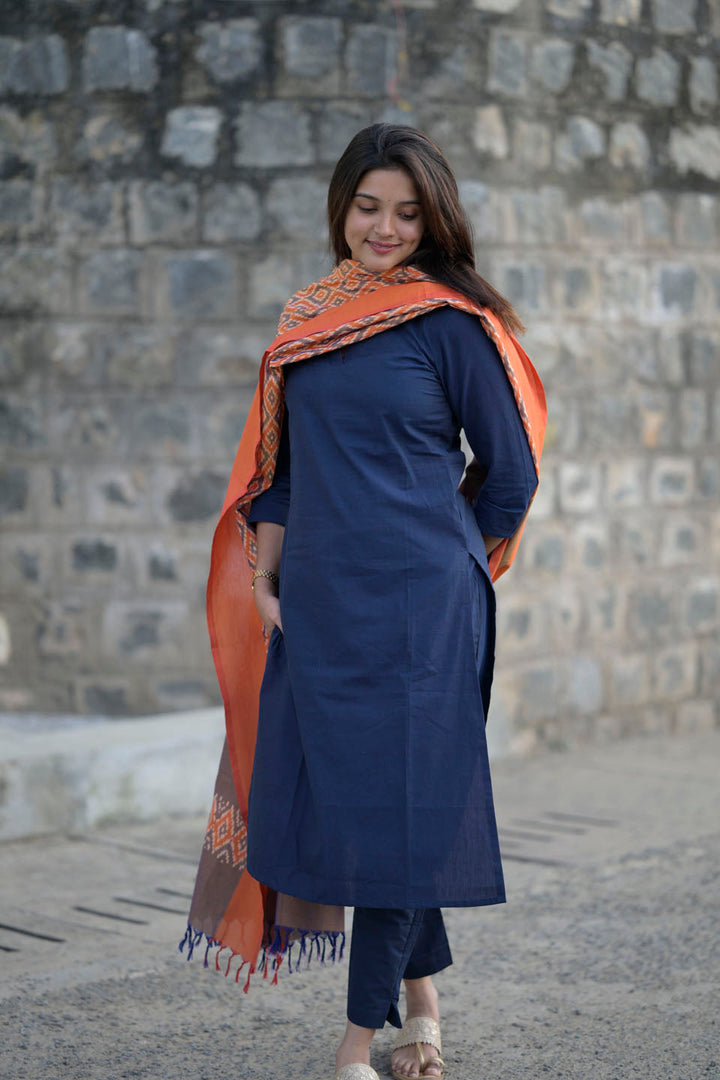 Peach and Indigo 3 Piece Kurti Set | Made To Order