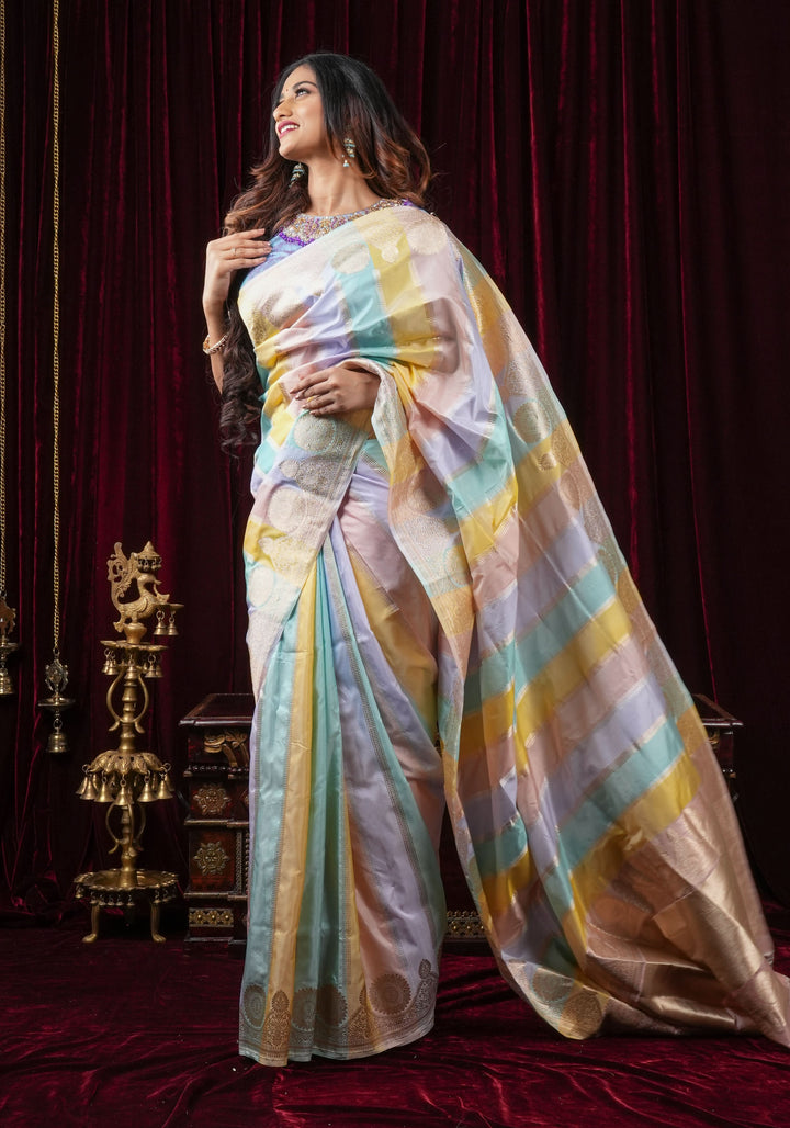 Pastel Hued Jharoka Pattren Pure Katan Silk saree with Ornate arched Zari 2 side borders | SILK MARK CERTIFIED