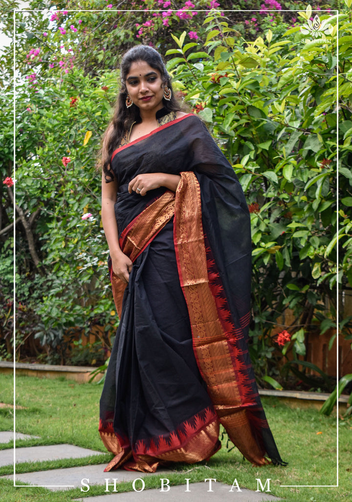 Black Chettinadu Cotton Saree with Temple Zari Borders