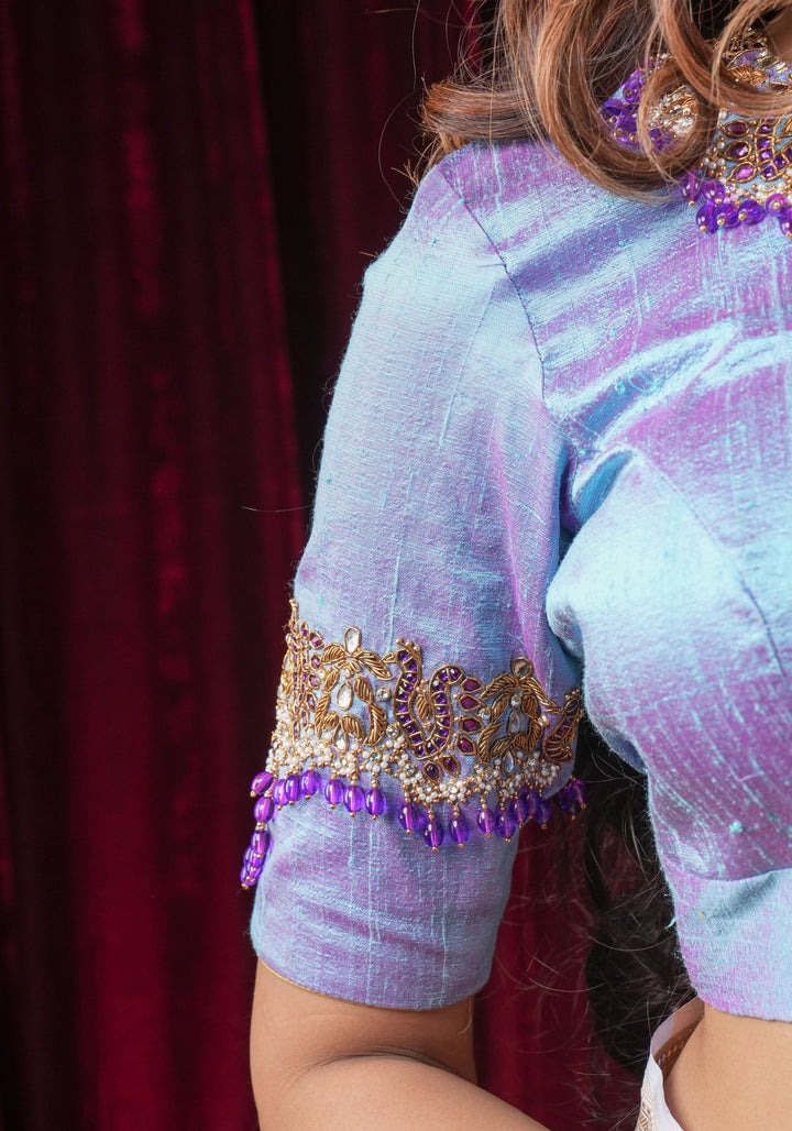 Periwinkle Pure Raw Silk blouse with Necklace and bajubandh hand jadau embroidery, Made to Order