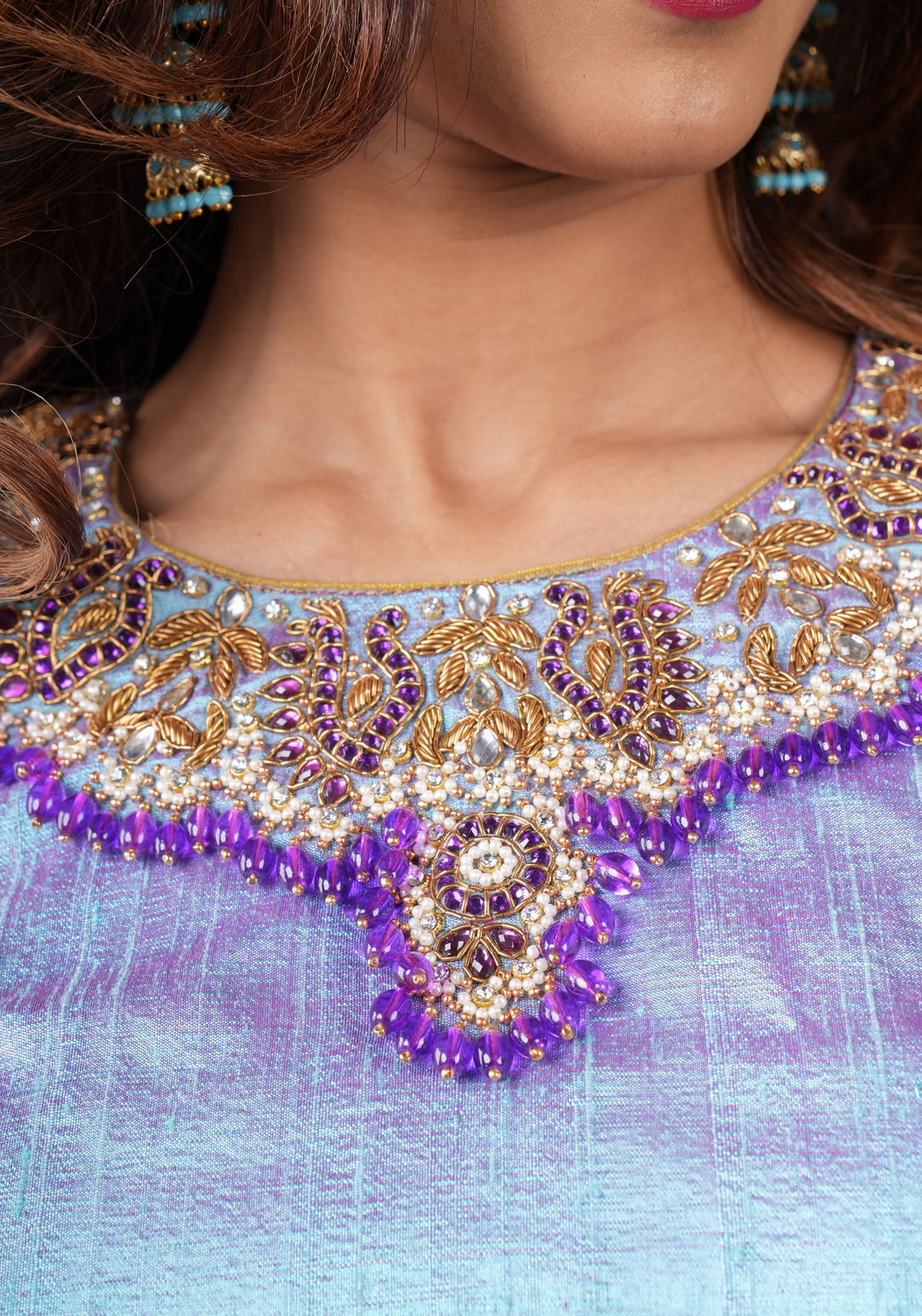 Periwinkle Pure Raw Silk blouse with Necklace and bajubandh hand jadau embroidery, Made to Order