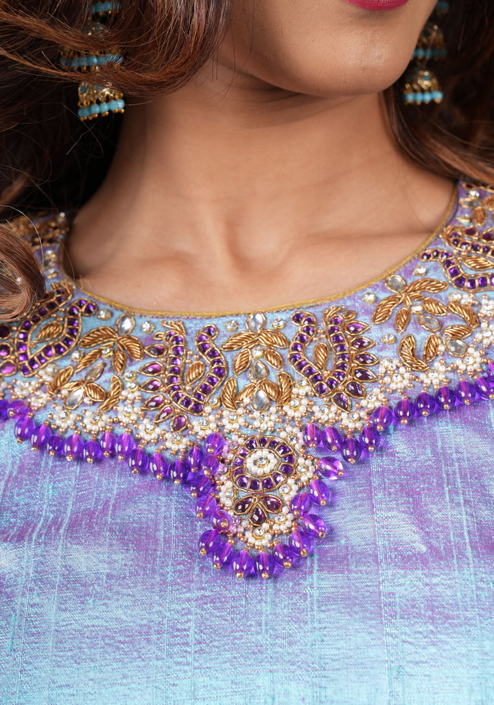 Periwinkle Pure Raw Silk blouse with Necklace and bajubandh hand jadau embroidery, Made to Order