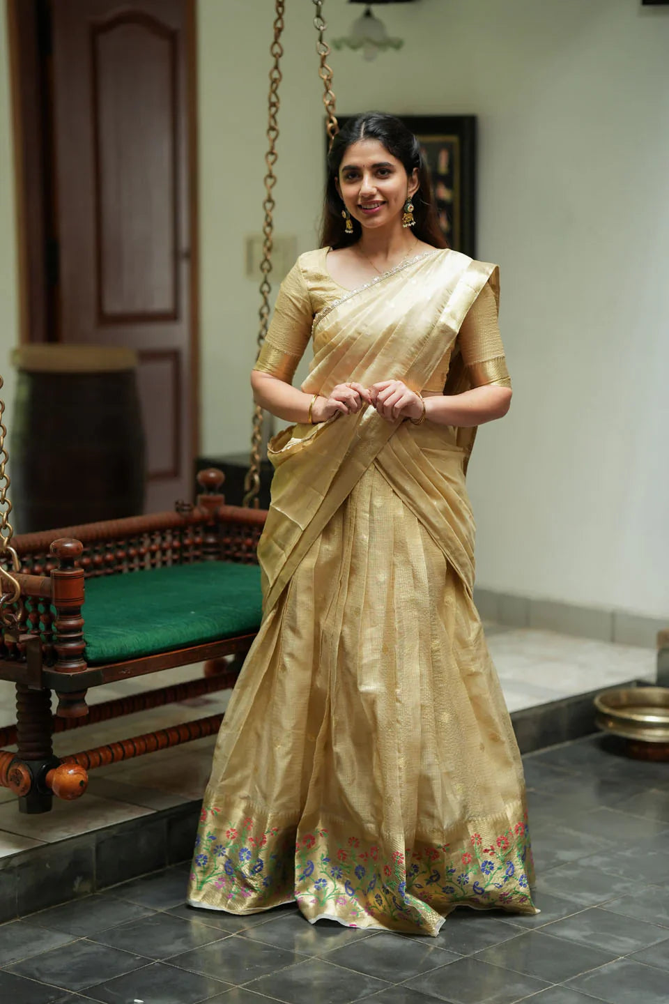 Sarasvati Gold Banarasi Half Saree Set, Skirt Blouse and Dhavani | Made To Order
