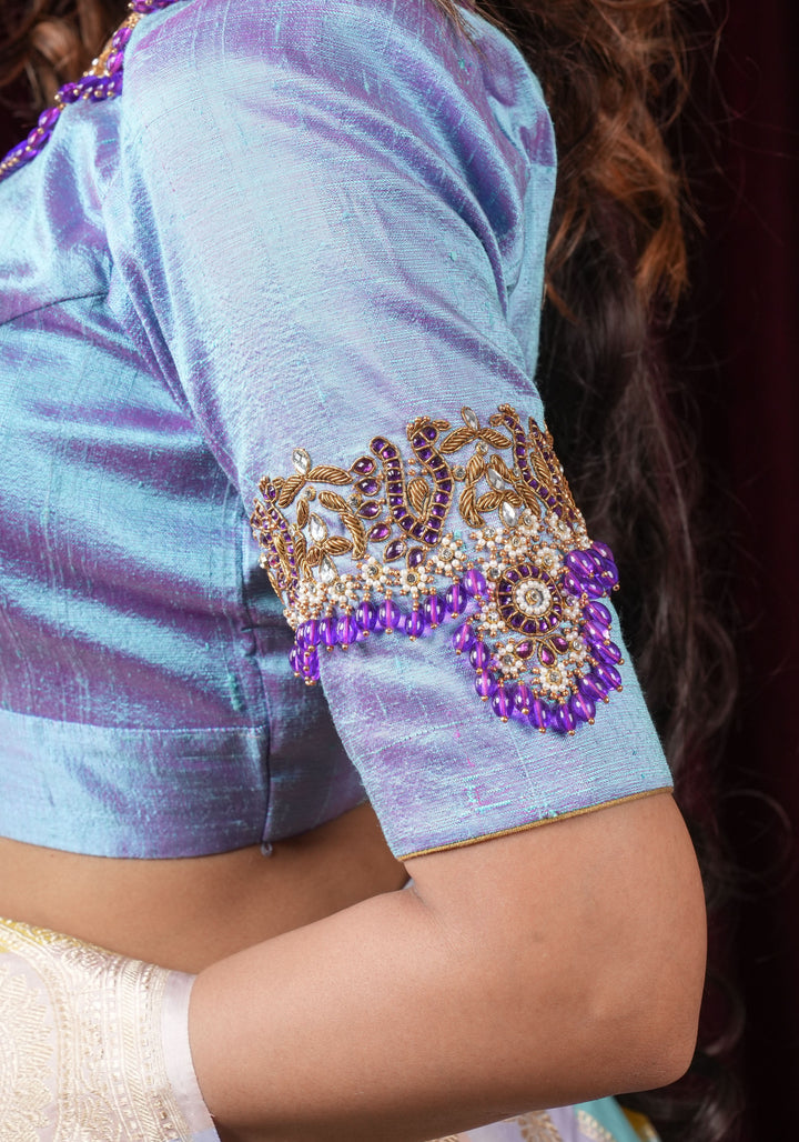 Periwinkle Pure Raw Silk blouse with Necklace and bajubandh hand jadau embroidery, Made to Order