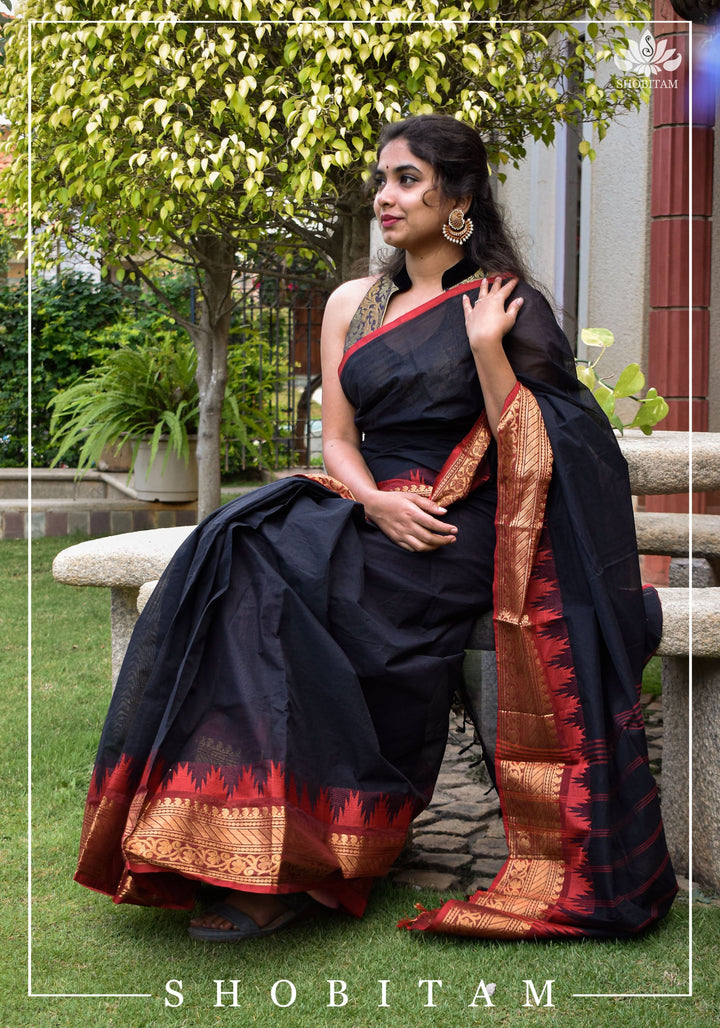 Black Chettinadu Cotton Saree with Temple Zari Borders