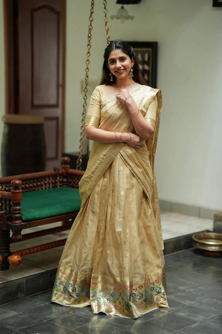 Sarasvati Gold Banarasi Half Saree Set, Skirt Blouse and Dhavani | Made To Order
