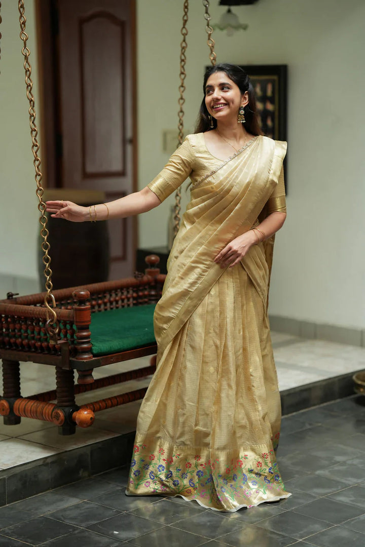 Sarasvati Gold Banarasi Half Saree Set, Skirt Blouse and Dhavani | Made To Order