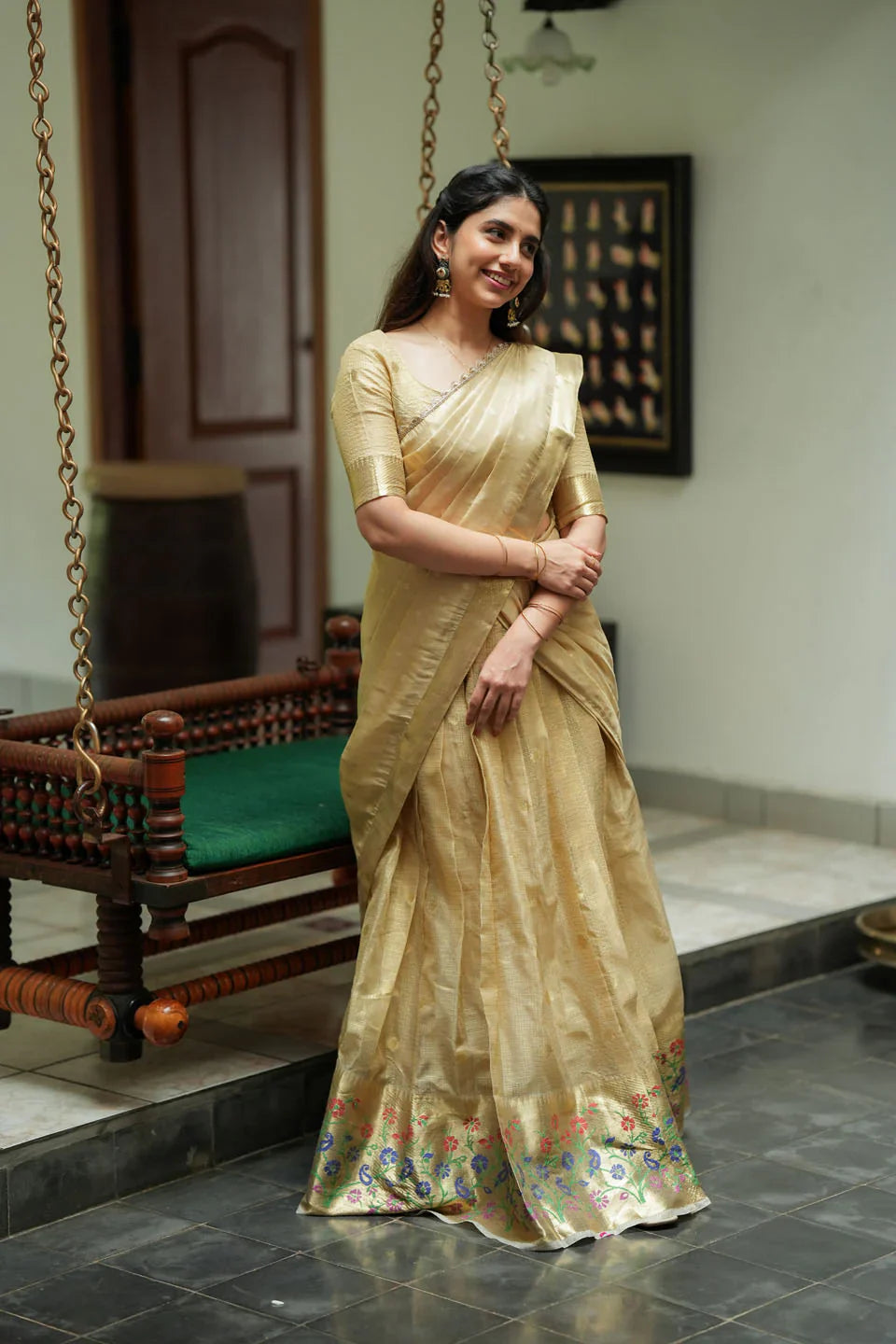 Sarasvati Gold Banarasi Half Saree Set, Skirt Blouse and Dhavani | Made To Order