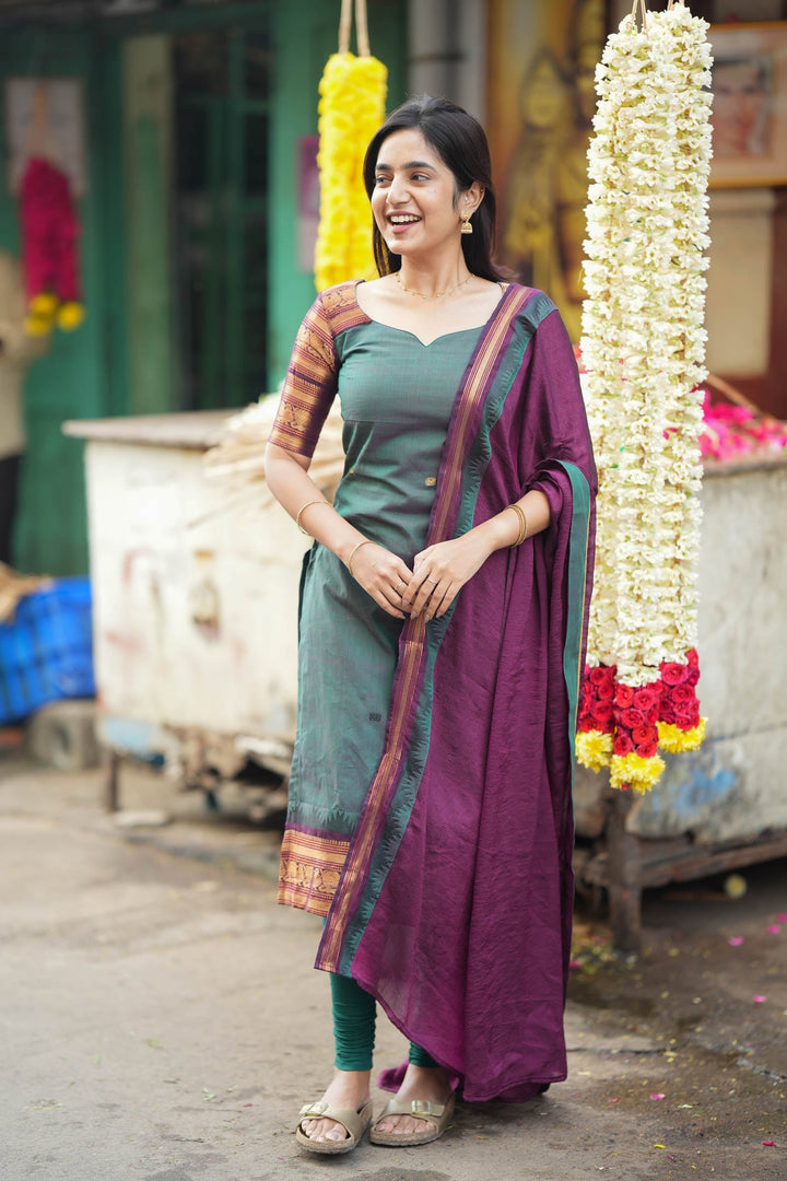 Madhuri Peacock Green Kurti Set (Set of 2) | SHOBITAM