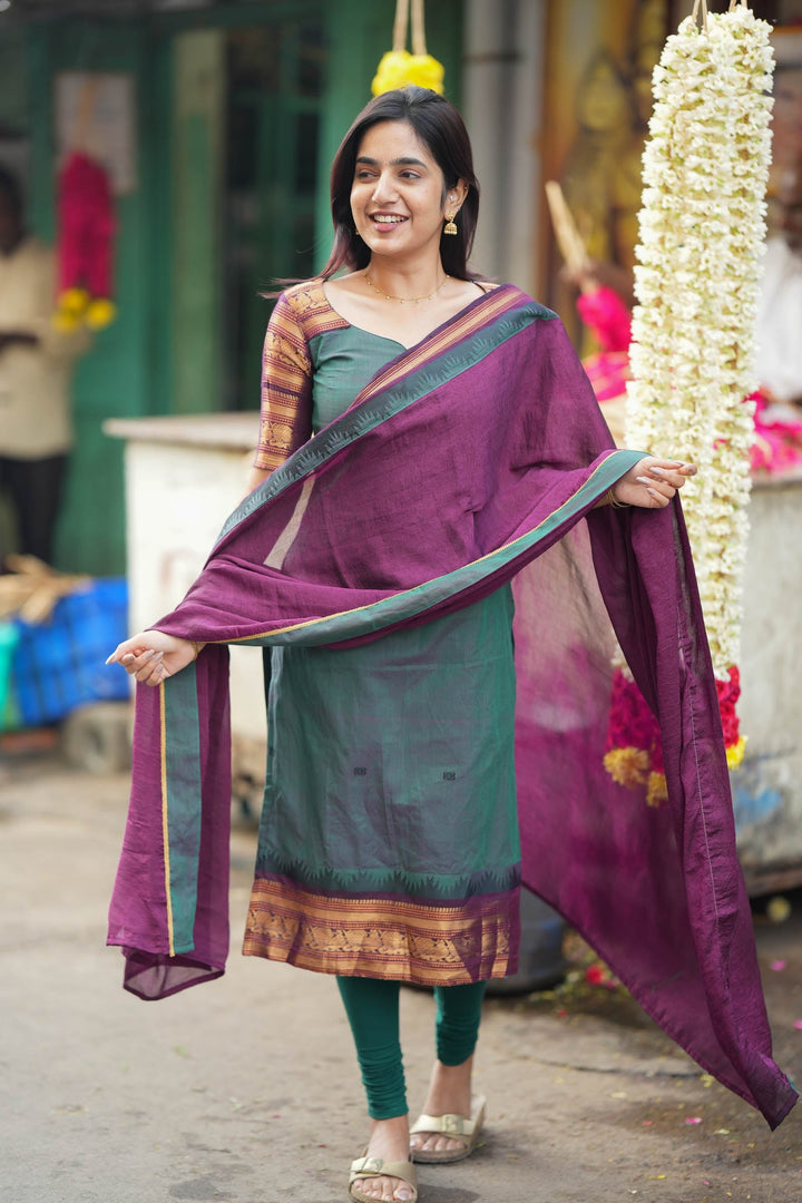 Madhuri Peacock Green Kurti Set (Set of 2) | SHOBITAM