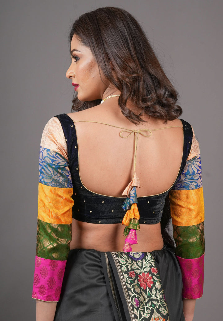Statement Patchwork Pure Kanjivaram Silk Brocade and Midnight Blue Velvet Blouse  , Made to Order
