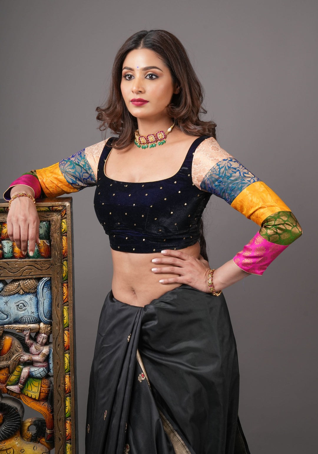 Statement Patchwork Pure Kanjivaram Silk Brocade and Midnight Blue Velvet Blouse  , Made to Order