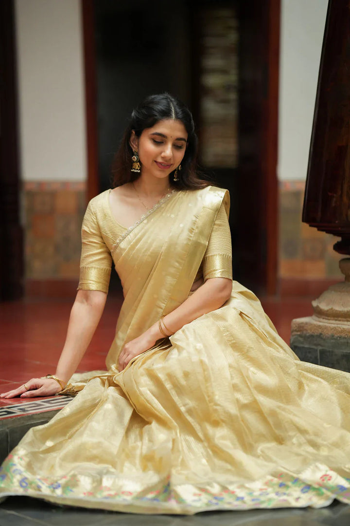 Sarasvati Gold Banarasi Half Saree Set, Skirt Blouse and Dhavani | Made To Order