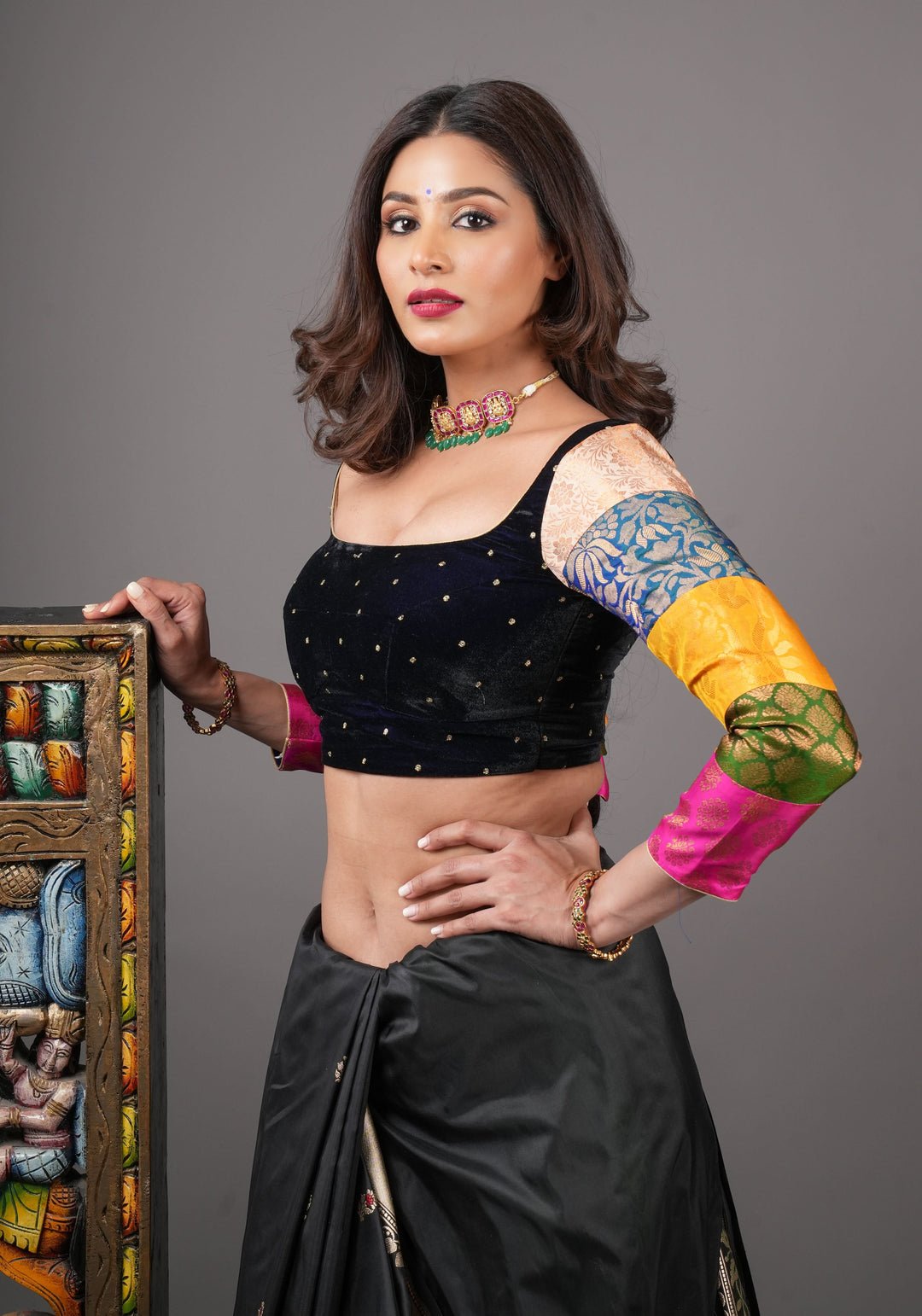 Statement Patchwork Pure Kanjivaram Silk Brocade and Midnight Blue Velvet Blouse  , Made to Order