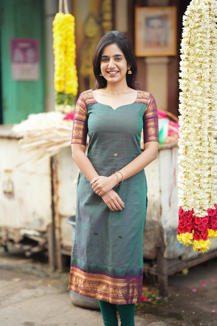 Madhuri Peacock Green Kurti Set (Set of 2) | SHOBITAM