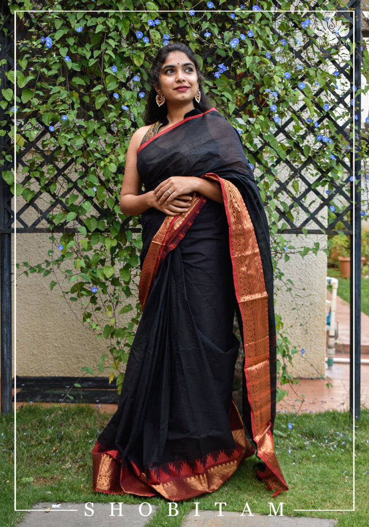 Black Chettinadu Cotton Saree with Temple Zari Borders