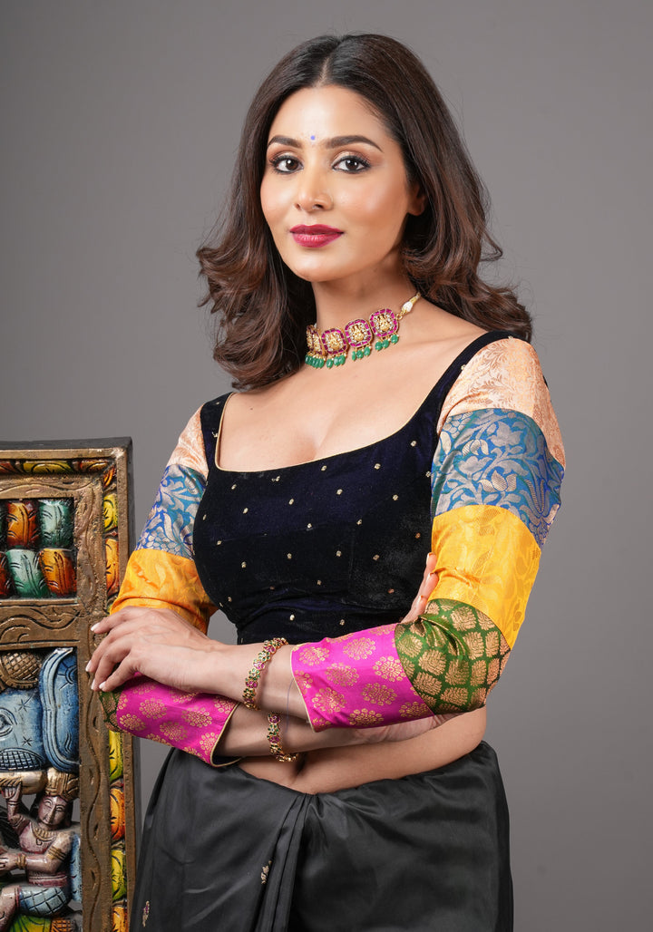 Statement Patchwork Pure Kanjivaram Silk Brocade and Midnight Blue Velvet Blouse  , Made to Order