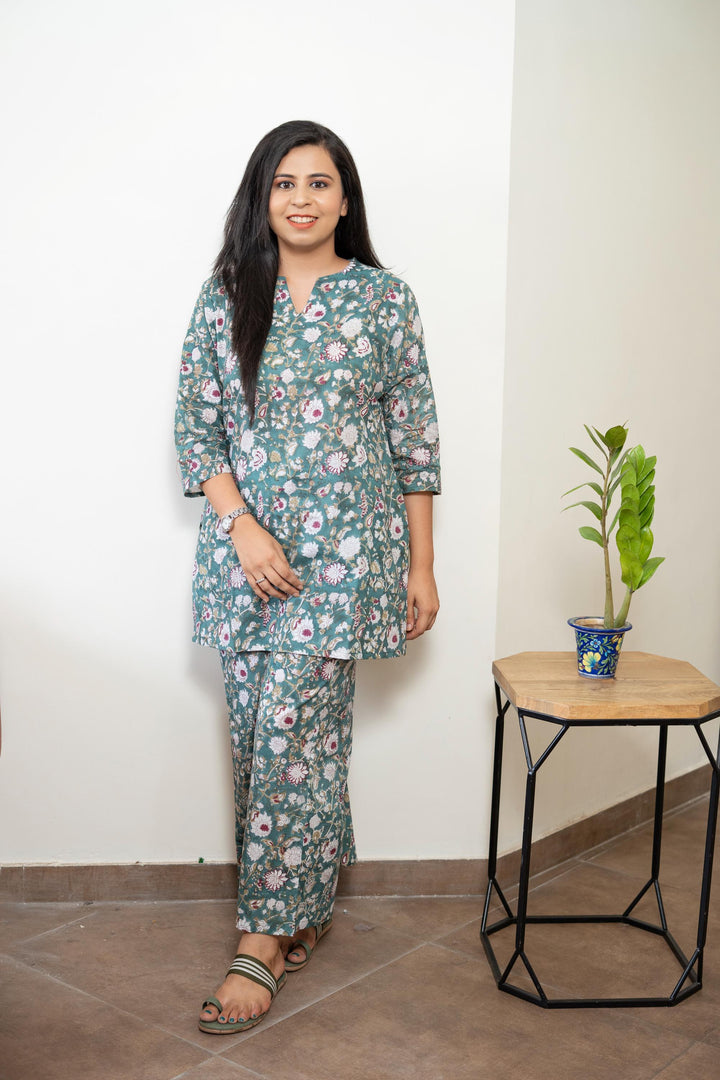 Coord Set with pockets in Sage Green with Floral Hand Block Print, Made to Order