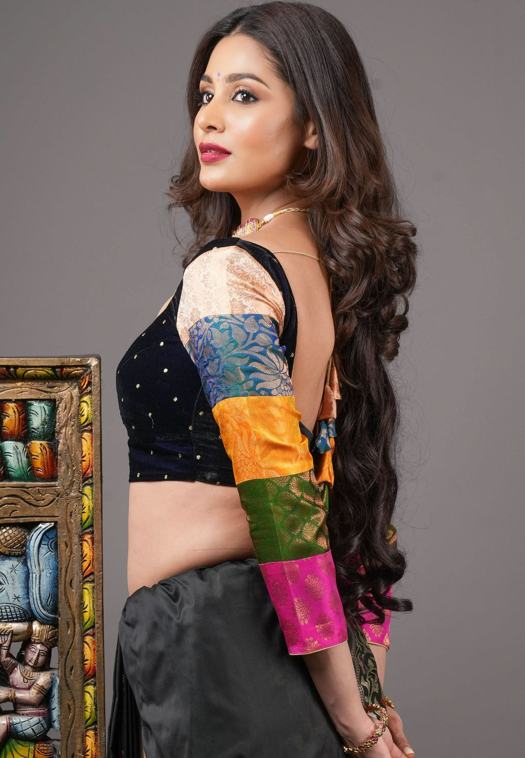 Statement Patchwork Pure Kanjivaram Silk Brocade and Midnight Blue Velvet Blouse  , Made to Order