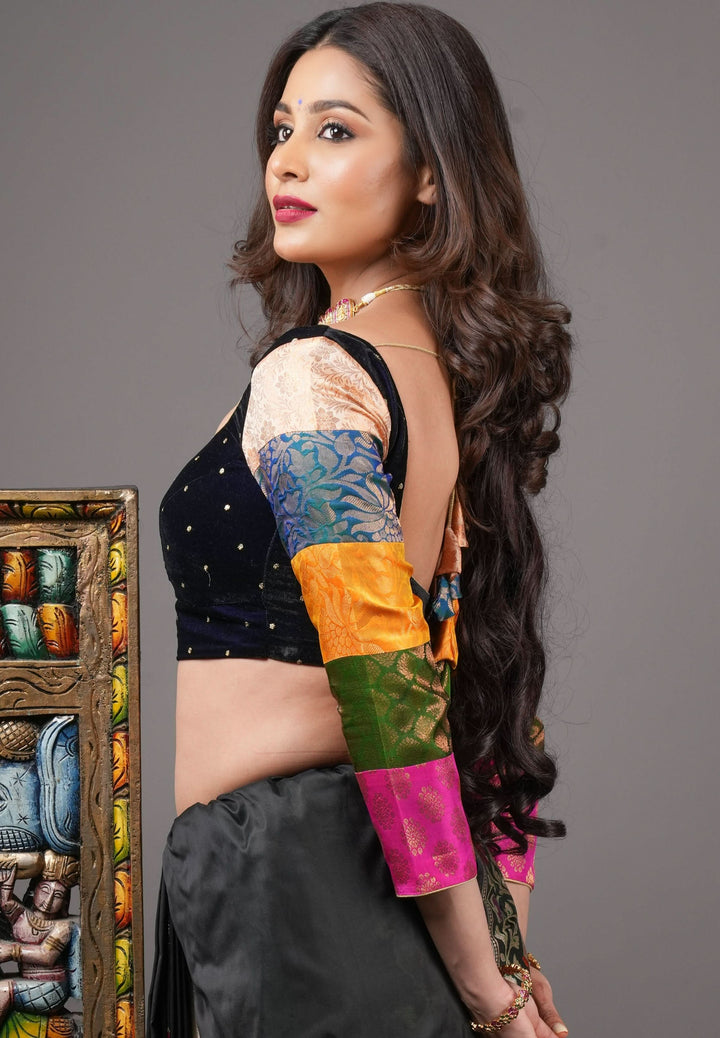 Statement Patchwork Pure Kanjivaram Silk Brocade and Midnight Blue Velvet Blouse  , Made to Order