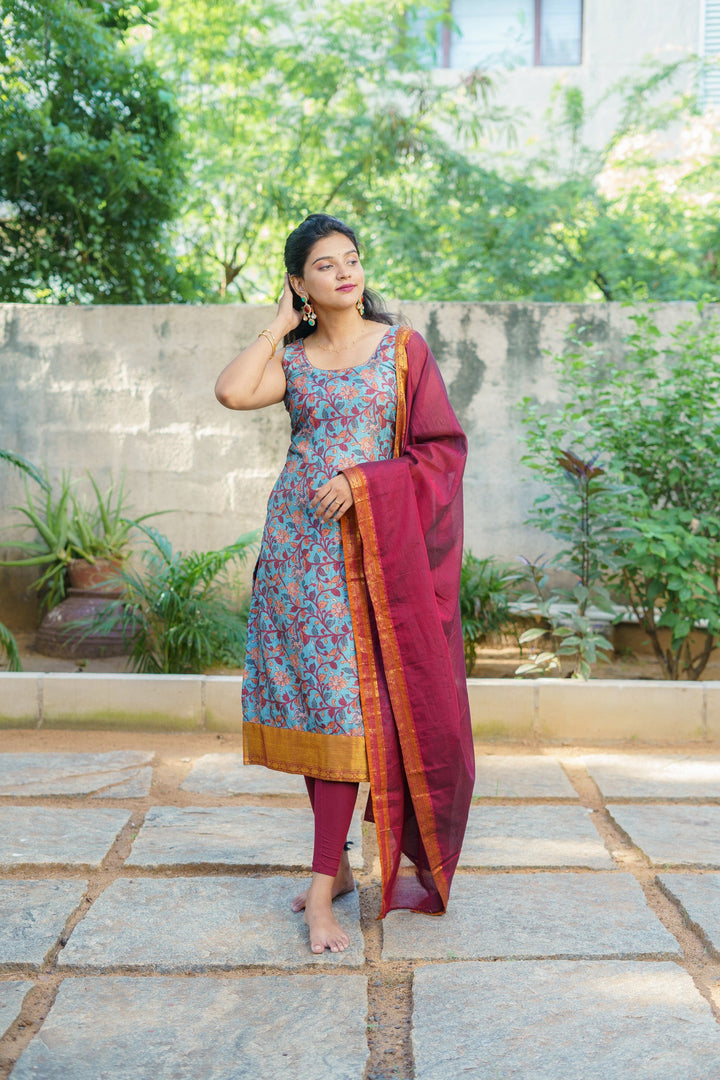 Prathana Teal & Maroon Kurti and dupatta Set | Made To Order
