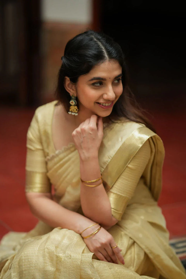 Sarasvati Gold Banarasi Half Saree Set, Skirt Blouse and Dhavani | Made To Order