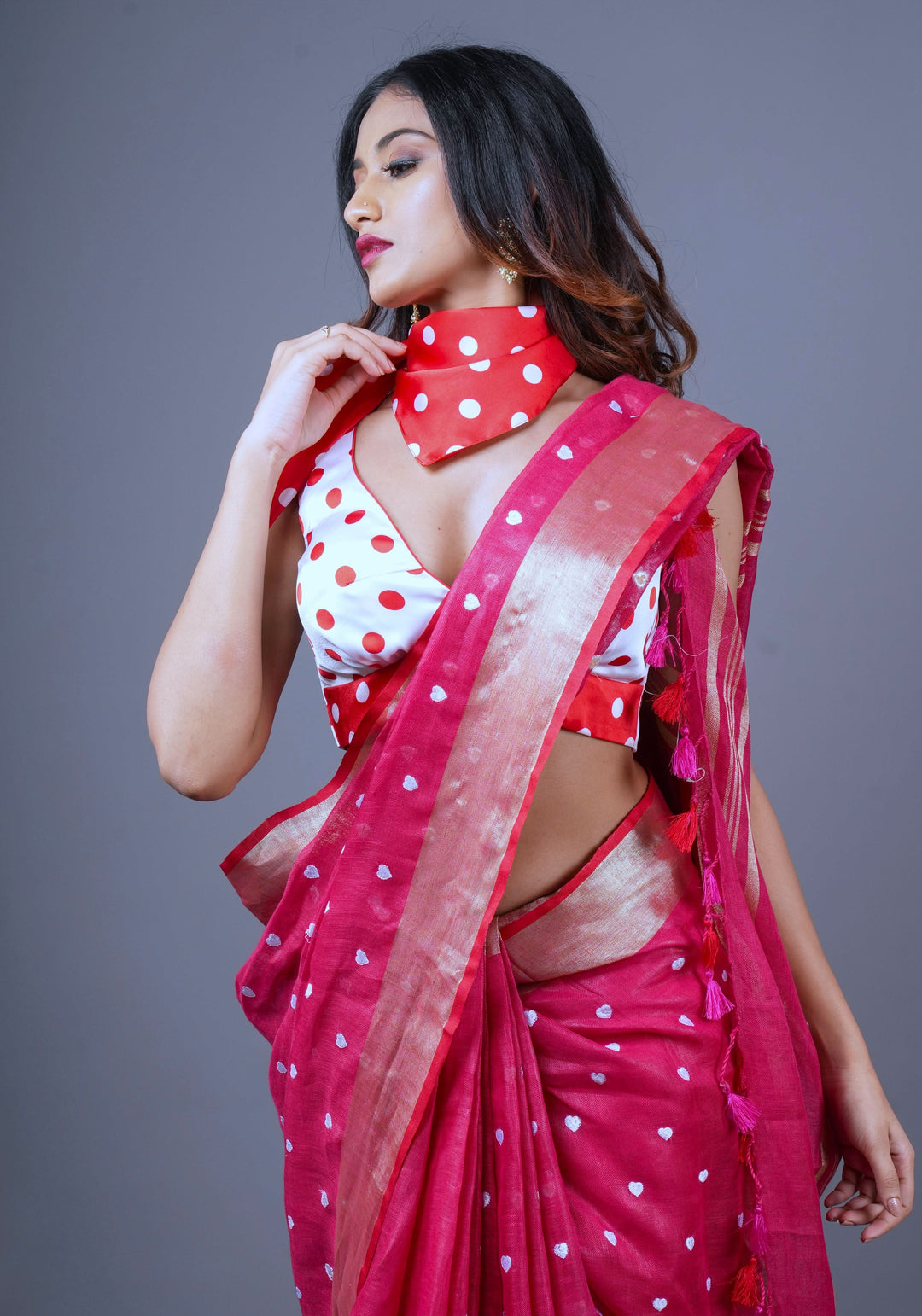 Pre orderLoving Hearts Embroidered Cherry Plum Pure Tone Linen Saree