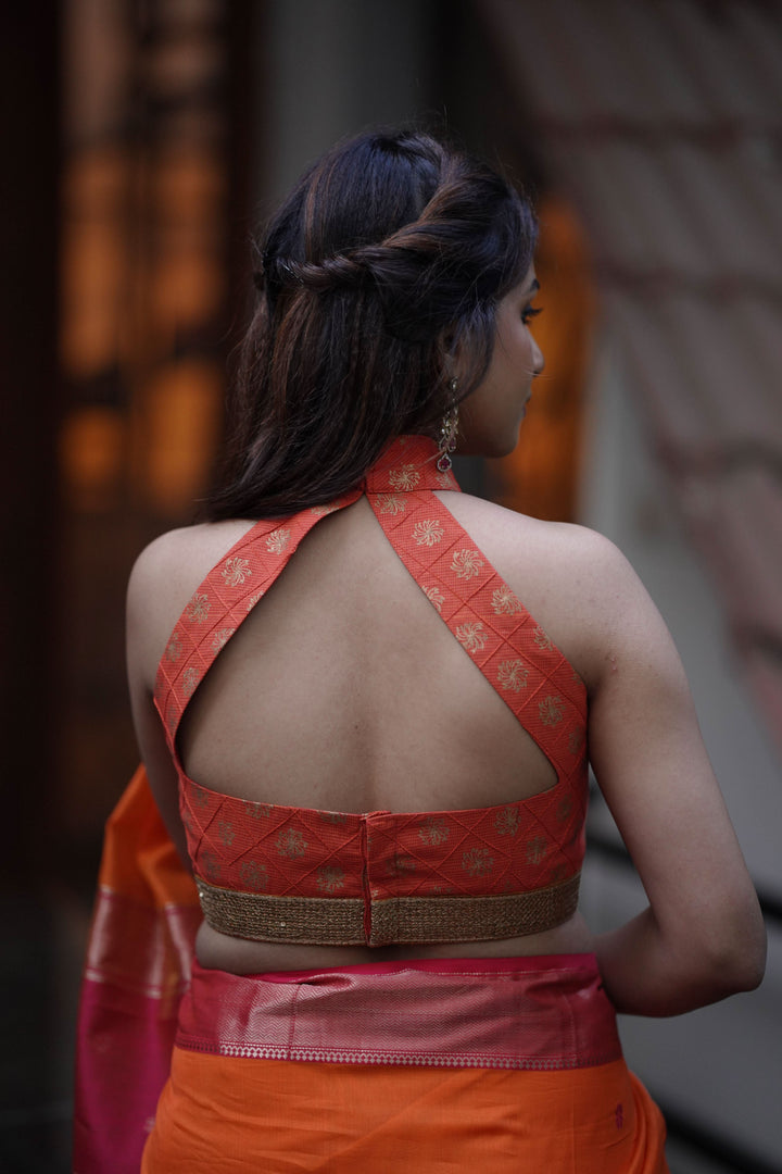Orange cotton gold printed pintuck halter neck blouse, Made to order
