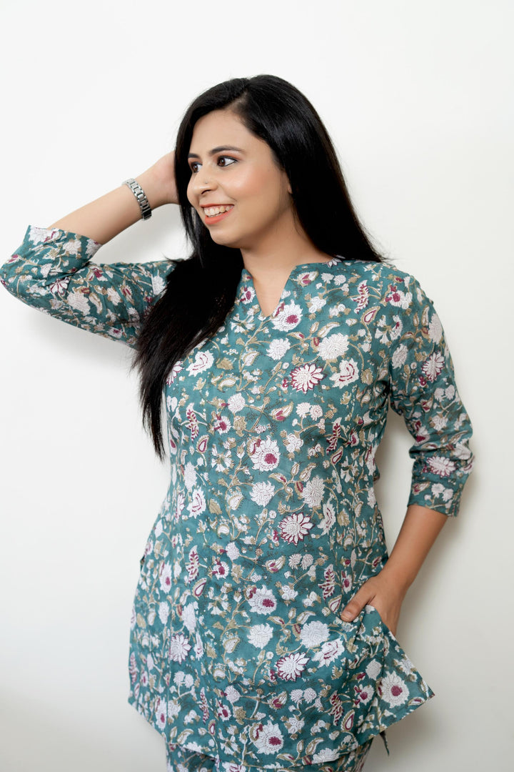 Coord Set with pockets in Sage Green with Floral Hand Block Print, Made to Order