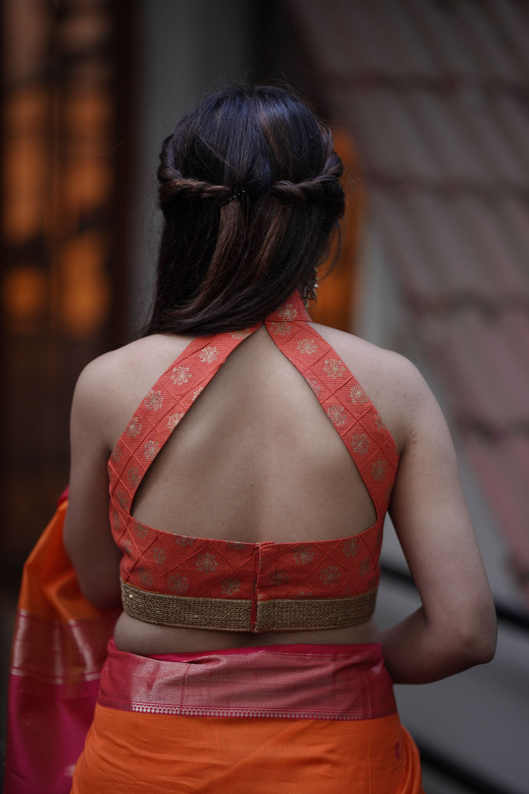 Orange cotton gold printed pintuck halter neck blouse, Made to order