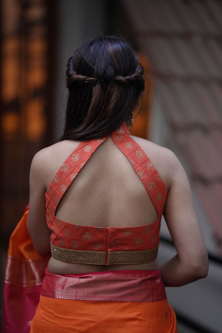 Orange cotton gold printed pintuck halter neck blouse, Made to order
