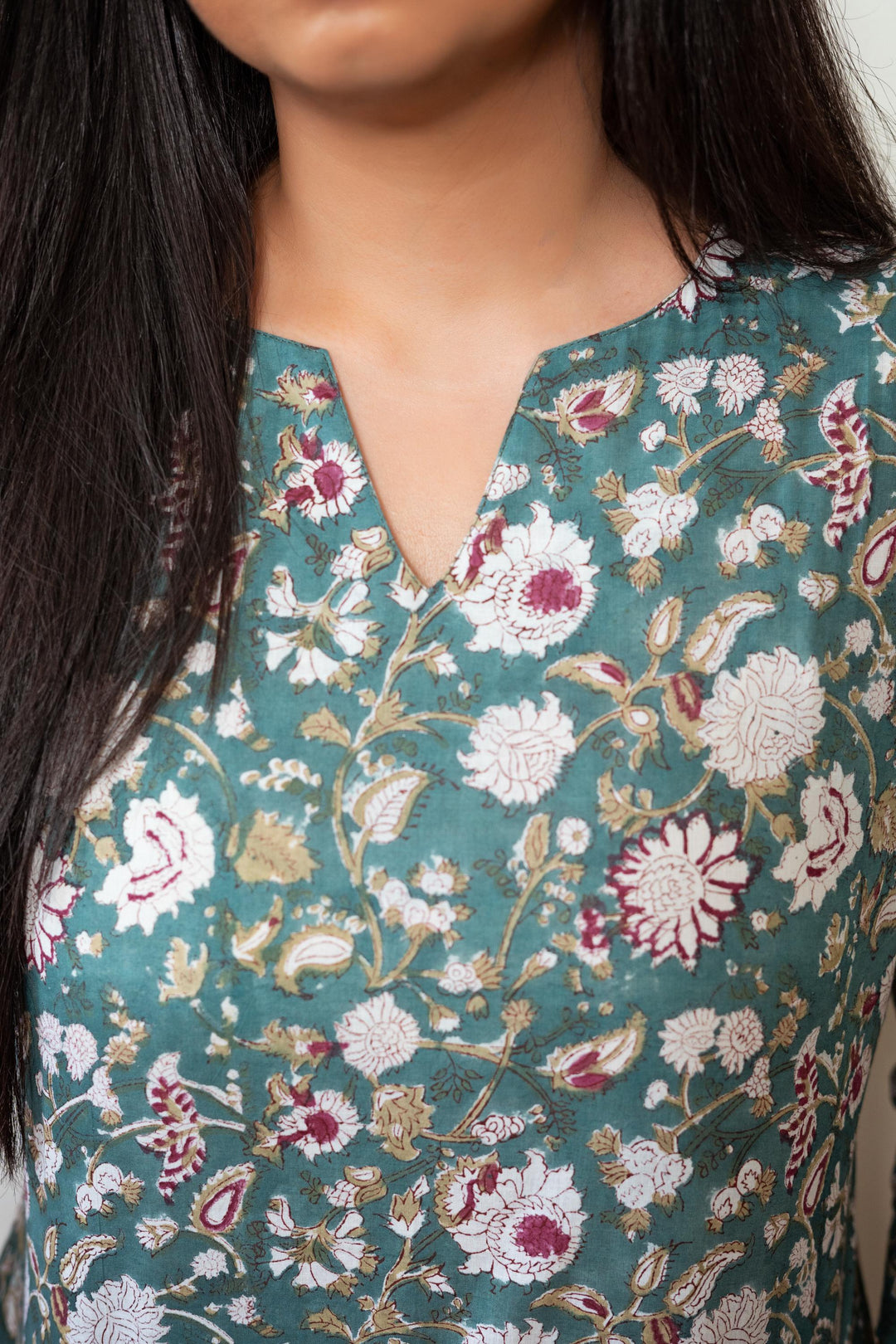 Coord Set with pockets in Sage Green with Floral Hand Block Print, Made to Order