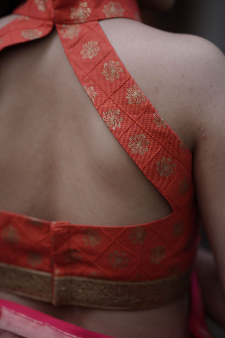 Orange cotton gold printed pintuck halter neck blouse, Made to order