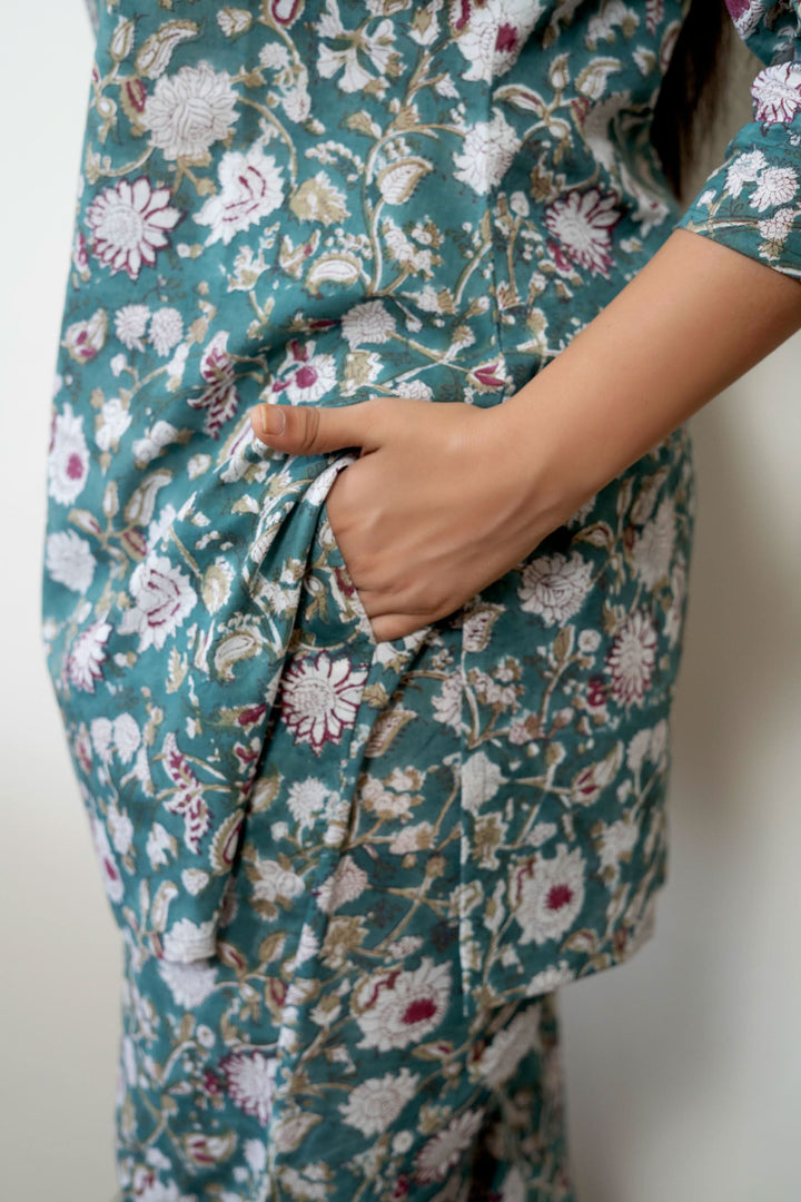 Coord Set with pockets in Sage Green with Floral Hand Block Print, Made to Order