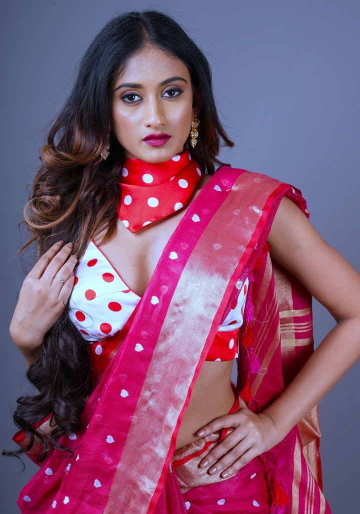 Pre orderLoving Hearts Embroidered Cherry Plum Pure Tone Linen Saree