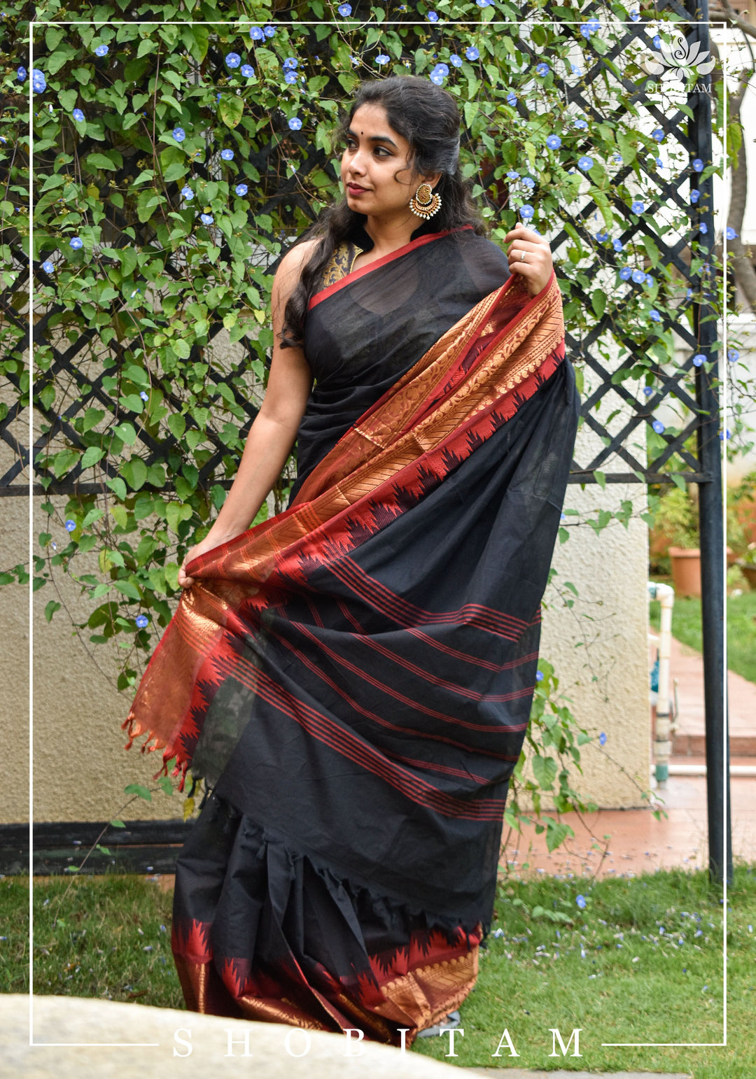Black Chettinadu Cotton Saree with Temple Zari Borders