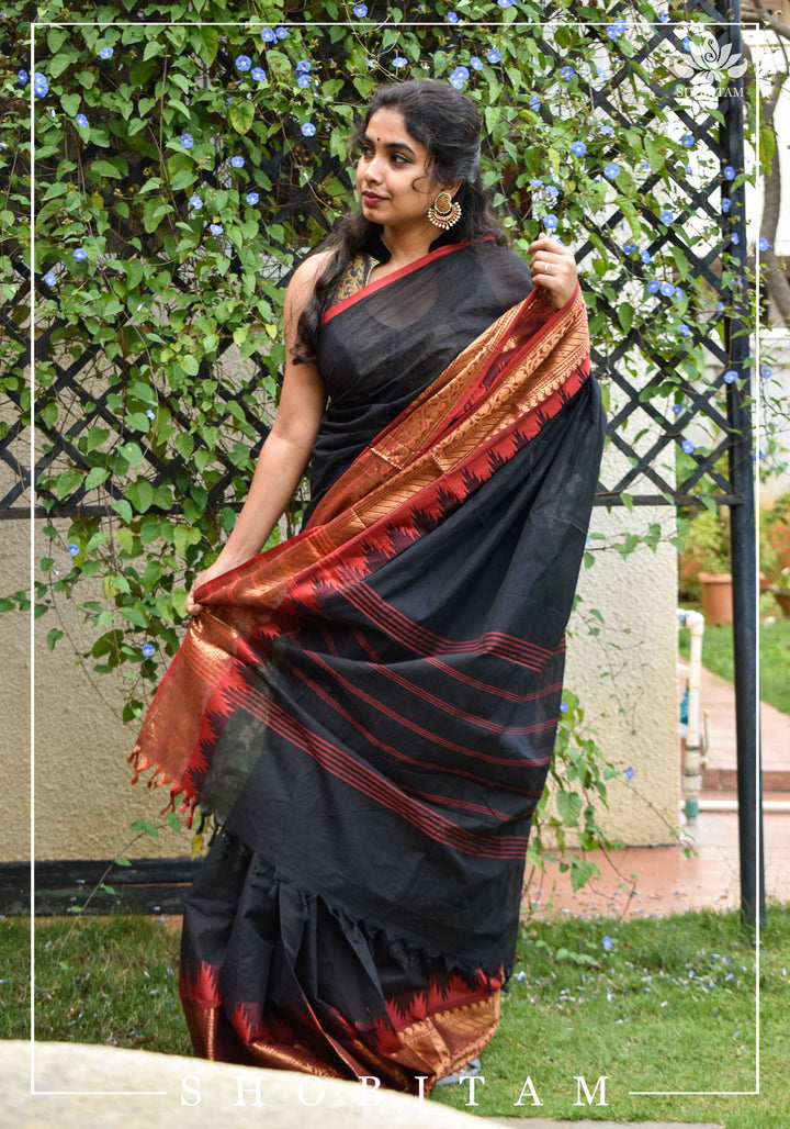 Black Chettinadu Cotton Saree with Temple Zari Borders