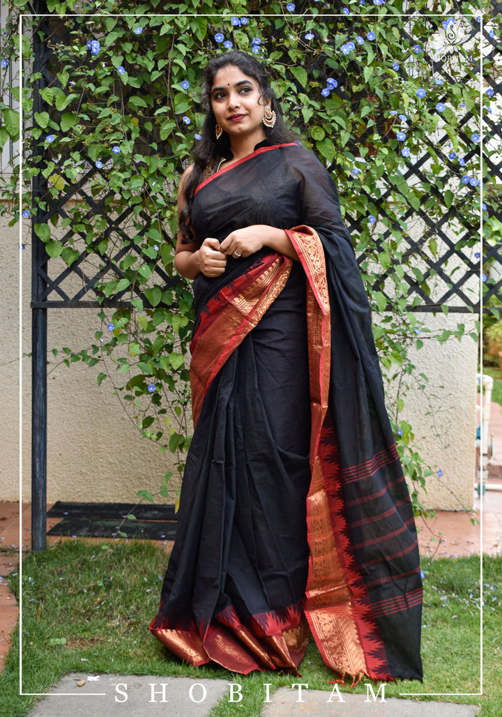 Black Chettinadu Cotton Saree with Temple Zari Borders