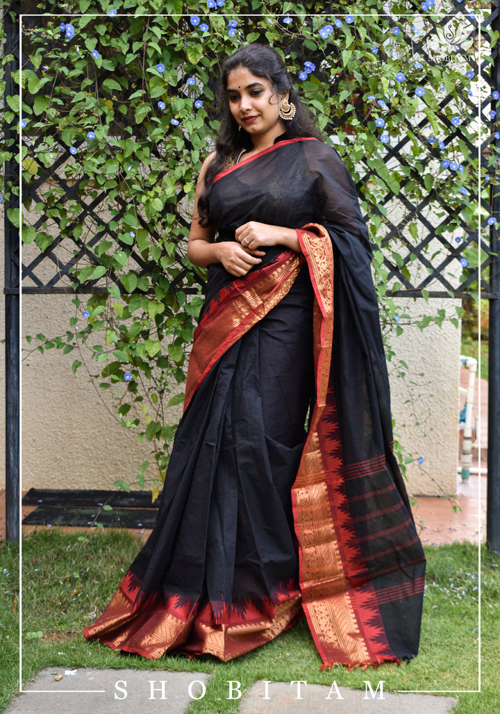 Black Chettinadu Cotton Saree with Temple Zari Borders