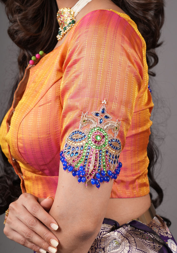 Kesari Mustard Pure Kanjivaram silk blouse with Berunda Hand Kundanwork , Made to Order