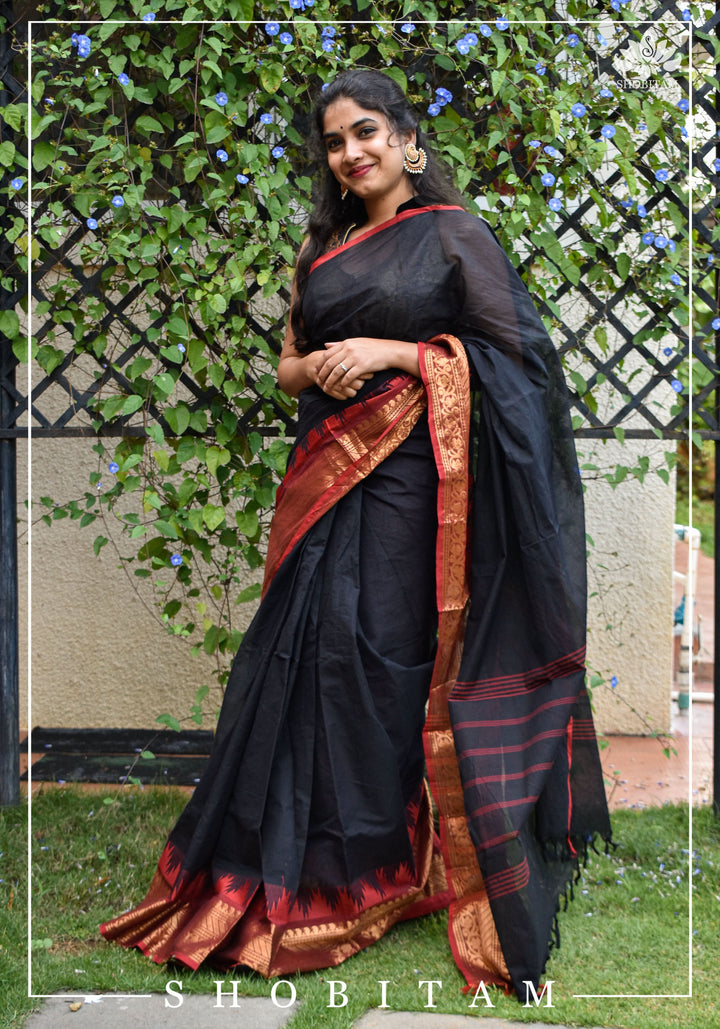 Black Chettinadu Cotton Saree with Temple Zari Borders