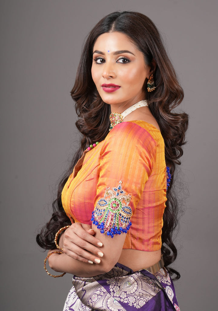 Kesari Mustard Pure Kanjivaram silk blouse with Berunda Hand Kundanwork , Made to Order
