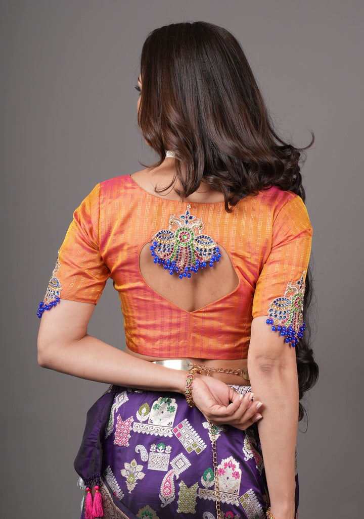 Kesari Mustard Pure Kanjivaram silk blouse with Berunda Hand Kundanwork , Made to Order